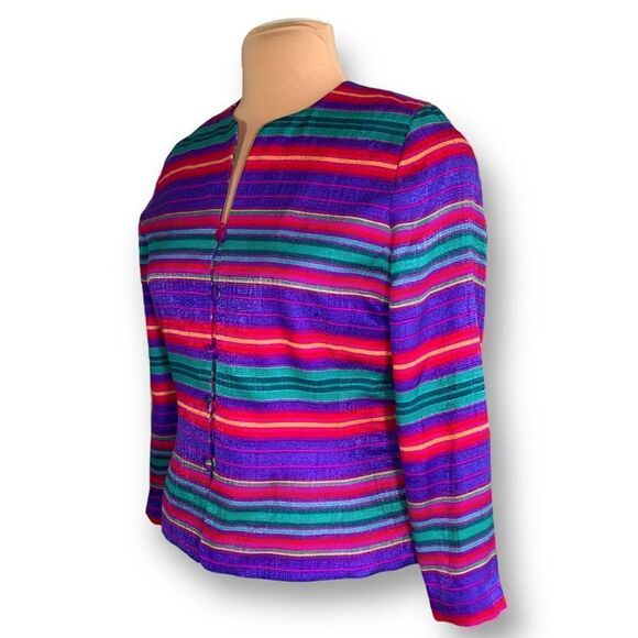 Vintage Adrianna Papell Jacket Collarless Hourglass Blazer Silk Rainbow Stripe - Picture 4 of 11